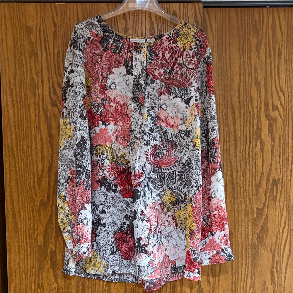 Liz Claiborne Red, Yellow, and Black Floral Blouse